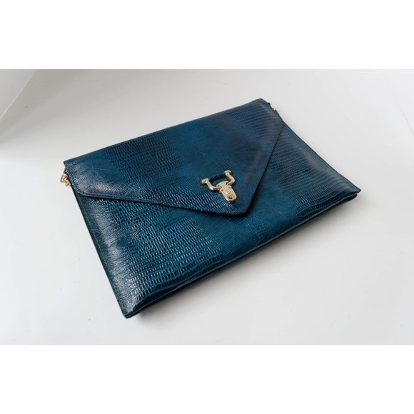 Blue Envelope Clutch Embossed Leather Bag Vintage Gift Accessories Made in Korea - Picture 2 of 7